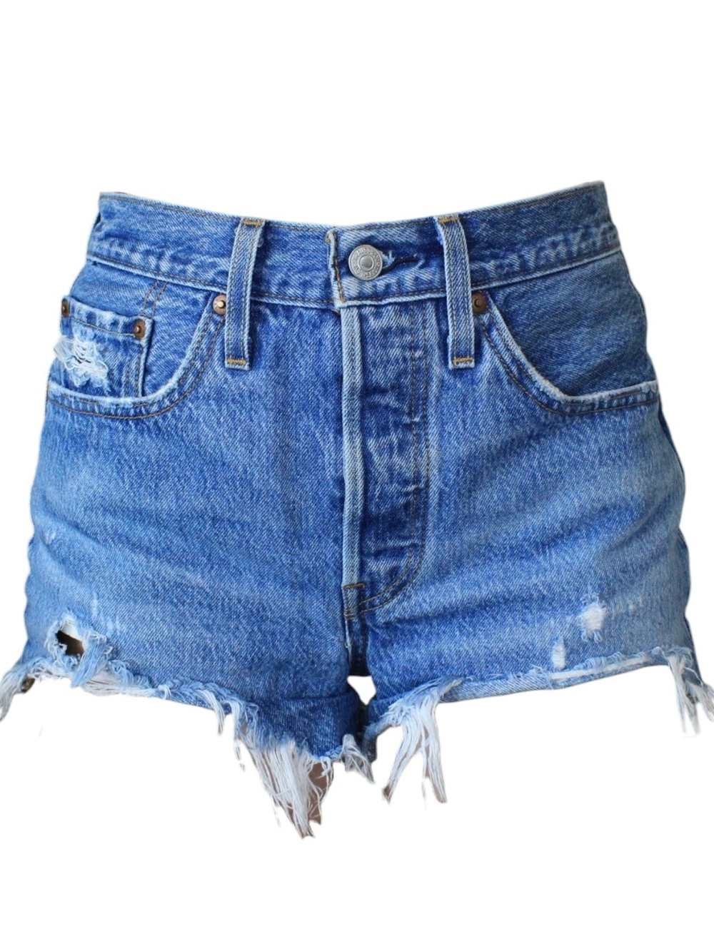 Levi’s 501 high waisted medium wash distressed blue denim shorts